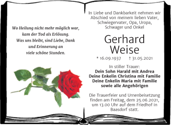 Traueranzeige von Gerhard Weise von Trauerkombi Köthen