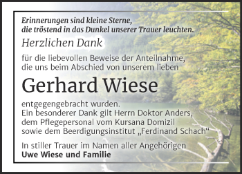 Traueranzeige von Gerhard Wiese von Trauerkombi Wittenberg