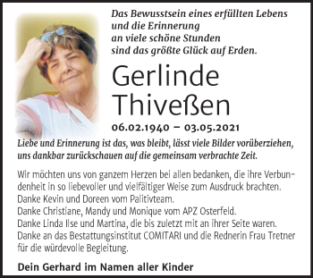 Traueranzeige von Gerlinde Thiveßen von Trauerkombi Zeitz