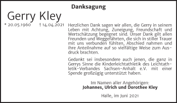 Traueranzeige von Gerry Kley von Mitteldeutsche Zeitung Halle/Saalkreis