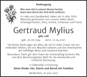 Traueranzeige von Gertraud Mylius von Trauerkombi Weißenfels