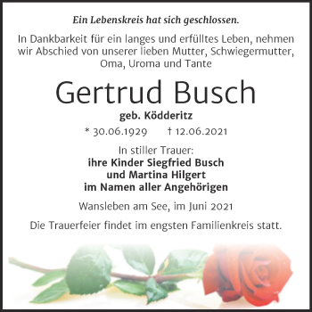 Traueranzeige von Gertrud Busch von Trauerkombi Mansfelder Land