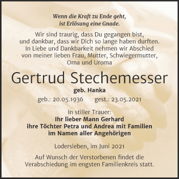 Traueranzeige von Gertrud Stechemesser von Wochenspiegel Merseburg/Querfurt