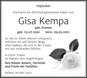 Traueranzeige von Gisa Kempa von Trauerkombi Mansfelder Land