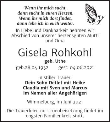 Traueranzeige von Gisela Rohkohl von Trauerkombi Mansfelder Land