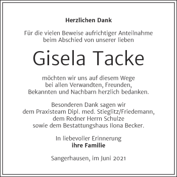 Traueranzeige von Gisela Tacke von Trauerkombi Sangerhausen