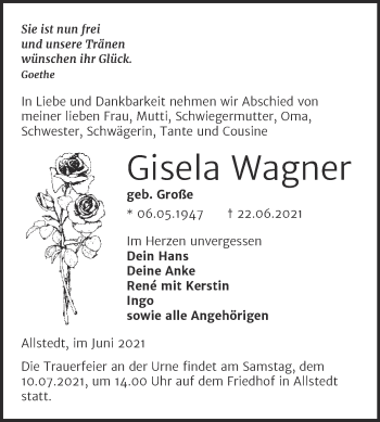 Traueranzeige von Gisela Wagner von Trauerkombi Sangerhausen