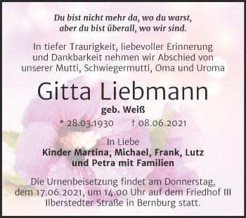 Traueranzeige von Gitta Liebmann von Trauerkombi Bernburg
