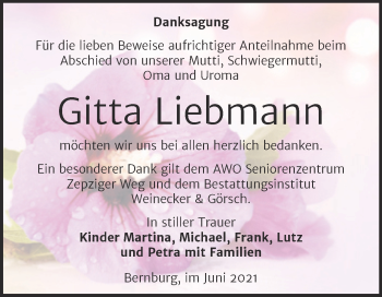 Traueranzeige von Gitta Liebmann von Trauerkombi Bernburg