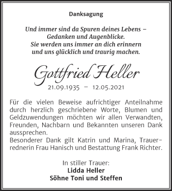 Traueranzeige von Gottfried Heller von Trauerkombi Sangerhausen