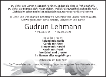 Traueranzeige von Gudrun Lehmann von Trauerkombi Merseburg