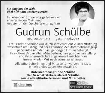 Traueranzeige von Gudrun Schülbe von Mitteldeutsche Zeitung Sangerhausen