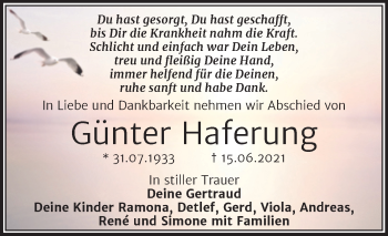 Traueranzeige von Günter Haferung von Trauerkombi Merseburg