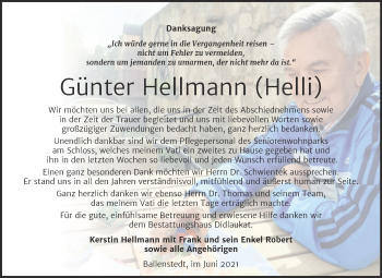 Traueranzeige von Günter Hellmann von Trauerkombi Quedlinburg