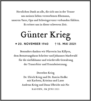 Traueranzeige von Günter Krieg von Trauerkombi Bitterfeld