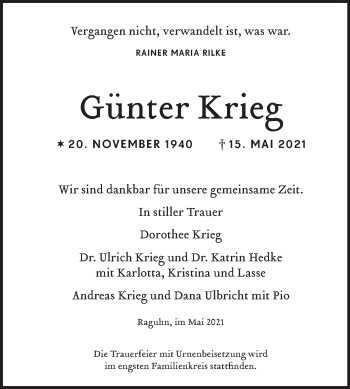 Traueranzeige von Günter Krieg von Trauerkombi Bitterfeld