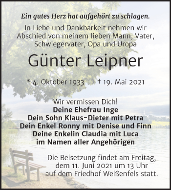 Traueranzeige von Günter Leipner von Trauerkombi Weißenfels