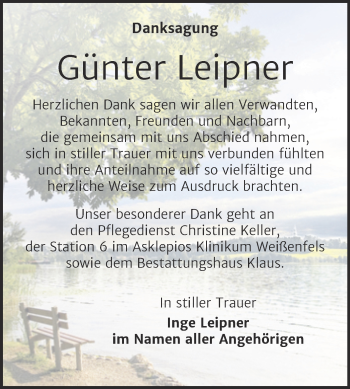 Traueranzeige von Günter Leipner von Trauerkombi Weißenfels