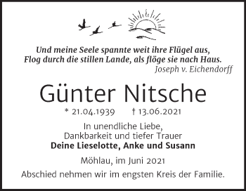 Traueranzeige von Günter Nitsche von Trauerkombi Wittenberg