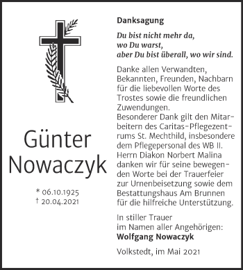 Traueranzeige von Günter Nowaczyk von Trauerkombi Mansfelder Land