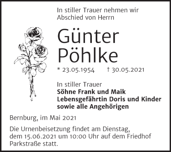 Traueranzeige von Günter Pöhlke von Trauerkombi Bernburg