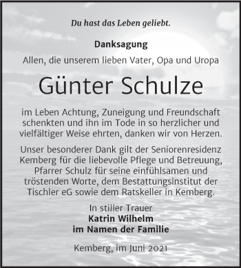 Traueranzeige von Günter Schulze von Trauerkombi Wittenberg