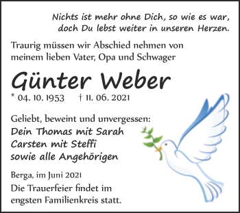 Traueranzeige von Günter Weber von Trauerkombi Sangerhausen