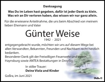 Traueranzeige von Günter Weise von Trauerkombi Zeitz