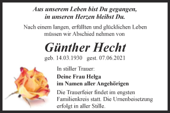 Traueranzeige von Günther Hecht von Trauerkombi Quedlinburg