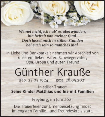 Traueranzeige von Günther Krauße von Wochenspiegel Naumburg/Nebra