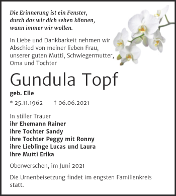 Traueranzeige von Gundula Topf von Trauerkombi Weißenfels