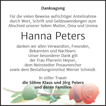 Traueranzeige von Hanna Peters von Trauerkombi Quedlinburg