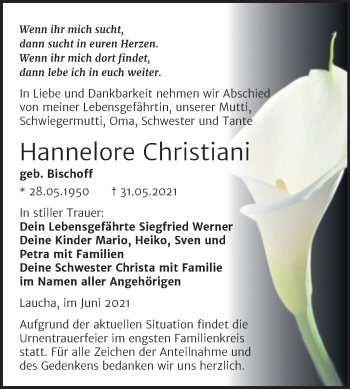 Traueranzeige von Hannelore Christiani von Wochenspiegel Naumburg/Nebra