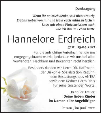 Traueranzeige von Hannelore Erdreich von Trauerkombi Bitterfeld