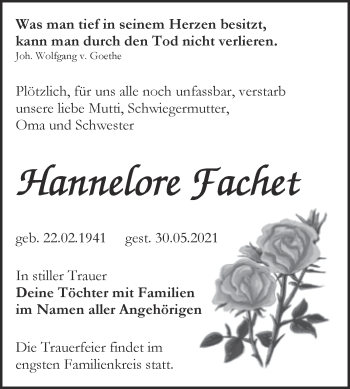 Traueranzeige von Hannelore Fachet von Trauerkombi Bitterfeld
