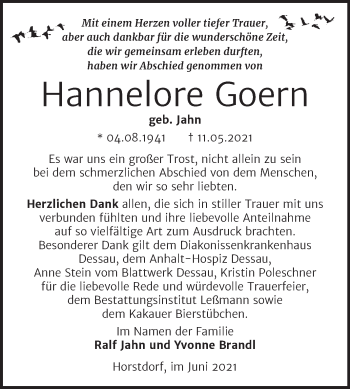 Traueranzeige von Hannelore Goern von Trauerkombi Wittenberg