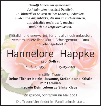 Traueranzeige von Hannelore Happke von Trauerkombi Merseburg