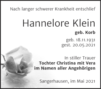 Traueranzeige von Hannelore Klein von Trauerkombi Sangerhausen
