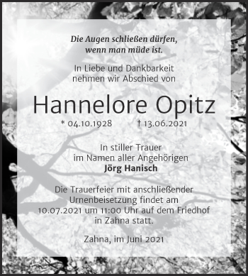 Traueranzeige von Hannelore Opitz von Trauerkombi Wittenberg