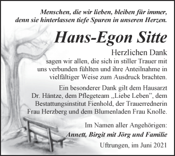 Traueranzeige von Hans-Egon Sitte von Trauerkombi Sangerhausen