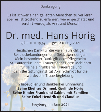 Traueranzeige von Hans Hörig von Wochenspiegel Naumburg/Nebra