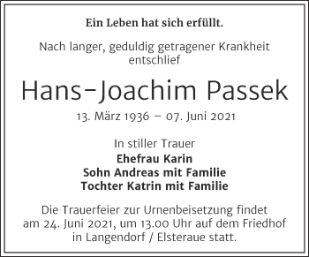 Traueranzeige von Hans-Joachim Passek von Trauerkombi Zeitz