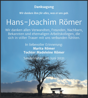 Traueranzeige von Hans-Joachim Römer von Trauerkombi Mansfelder Land