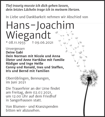 Traueranzeige von Hans-Joachim Wiegandt von Trauerkombi Sangerhausen