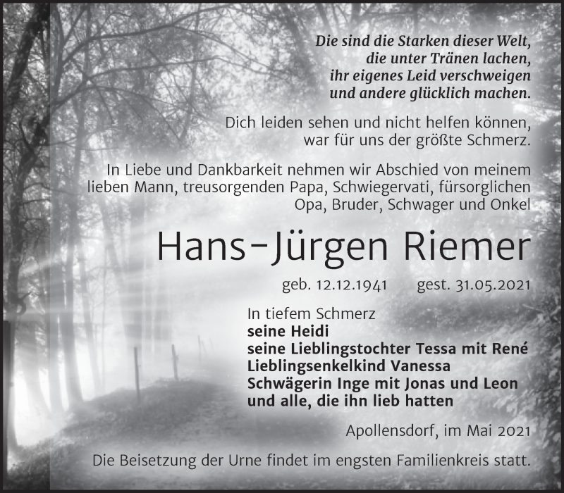  Traueranzeige für Hans-Jürgen Riemer vom 12.06.2021 aus Trauerkombi Wittenberg