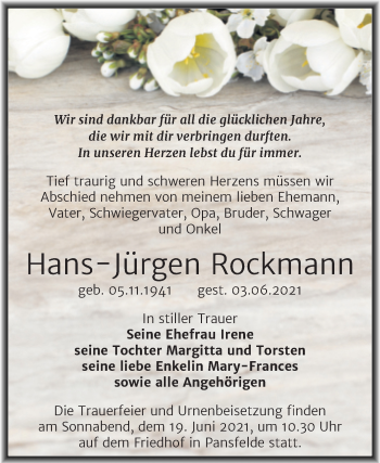 Traueranzeige von Hans-Jürgen Rockmann von Trauerkombi Quedlinburg