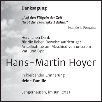 Traueranzeige von Hans-Martin Hoyer von Trauerkombi Sangerhausen