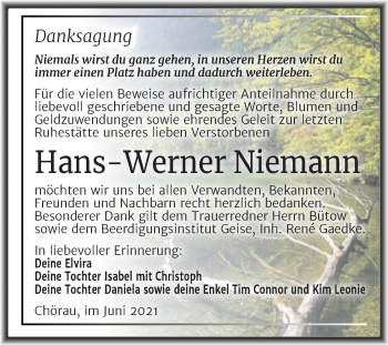 Traueranzeige von Hans-Werner Niemann von Trauerkombi Köthen
