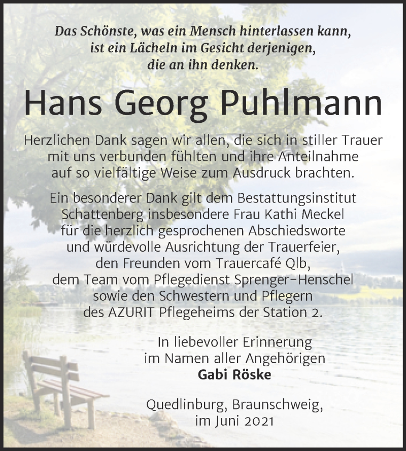  Traueranzeige für Hans Georg Puhlmann vom 19.06.2021 aus Trauerkombi Quedlinburg