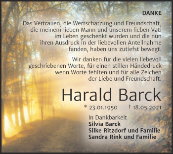 Traueranzeige von Harald Barck von Trauerkombi Quedlinburg